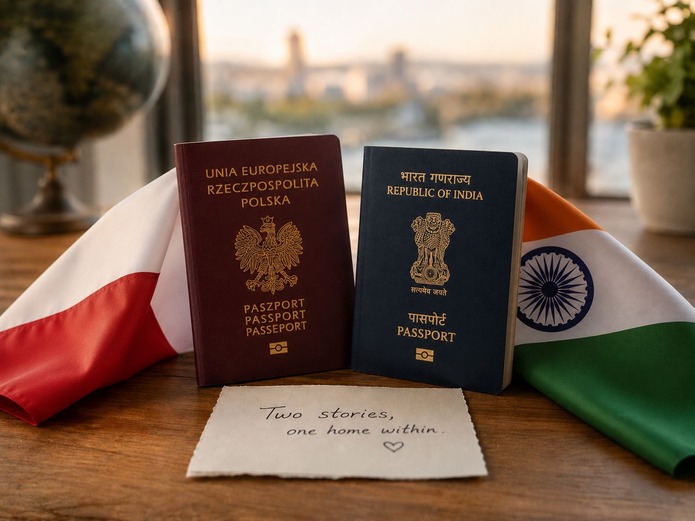Paszporty oraz flagi Polski i Indii symbolizujące emigrację i życie między kulturami