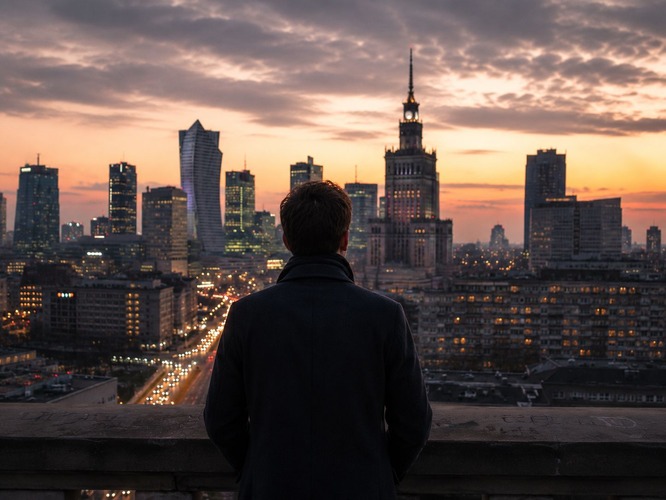 Mężczyzna stojący tyłem na tle panoramy Warszawy symbolizujący życie emigranta