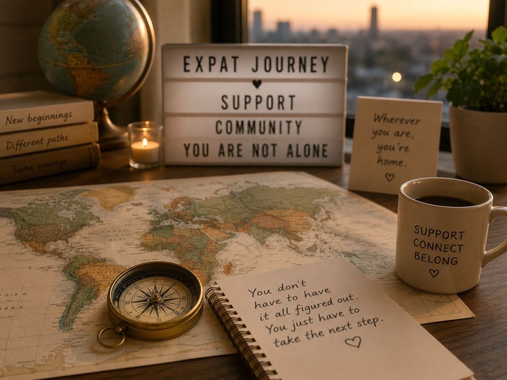 Drewniane biurko z kompasem, mapą i globusem oraz napisem support community you are not alone