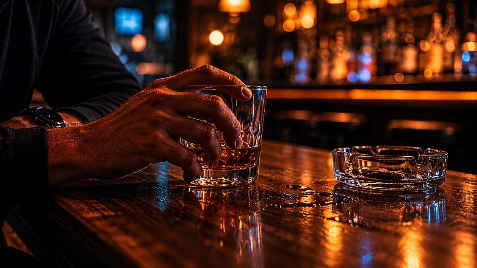 Mężczyzna z pustą szklanką whisky — samotność i uzależnienie od alkoholu
